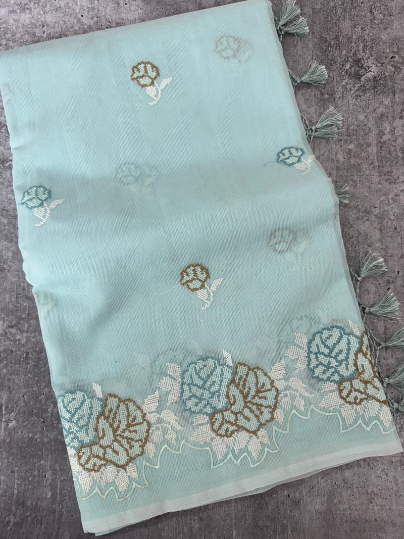 Supernet saree with cross stitch embroidery MSH116 - LightBlue