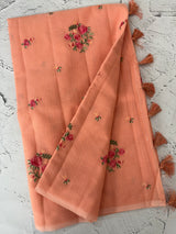 Lightweight NetKota saree with cross stitch embroidery MS143 - Peach