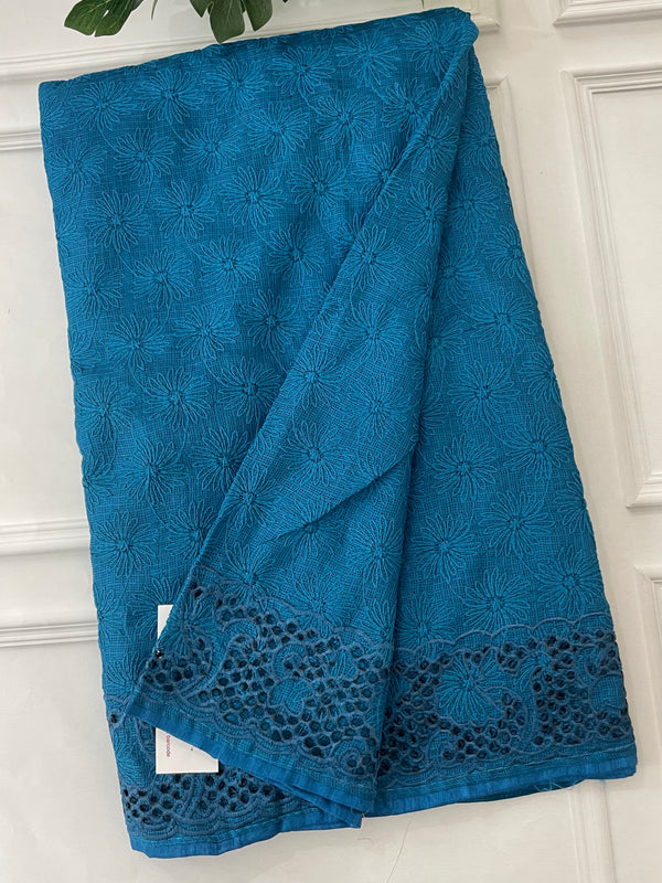 Phulkari NetKota Embroidery saree with single cutwork border - SDFNYMY DarkDuskyBlue