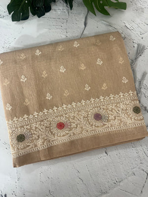 Tissue linen saree with embroidery MTL451 Chiku