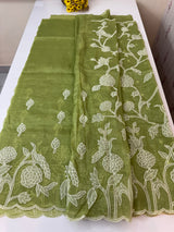 Crush Organza Applique work saree MS14987- Green(Design 3)
