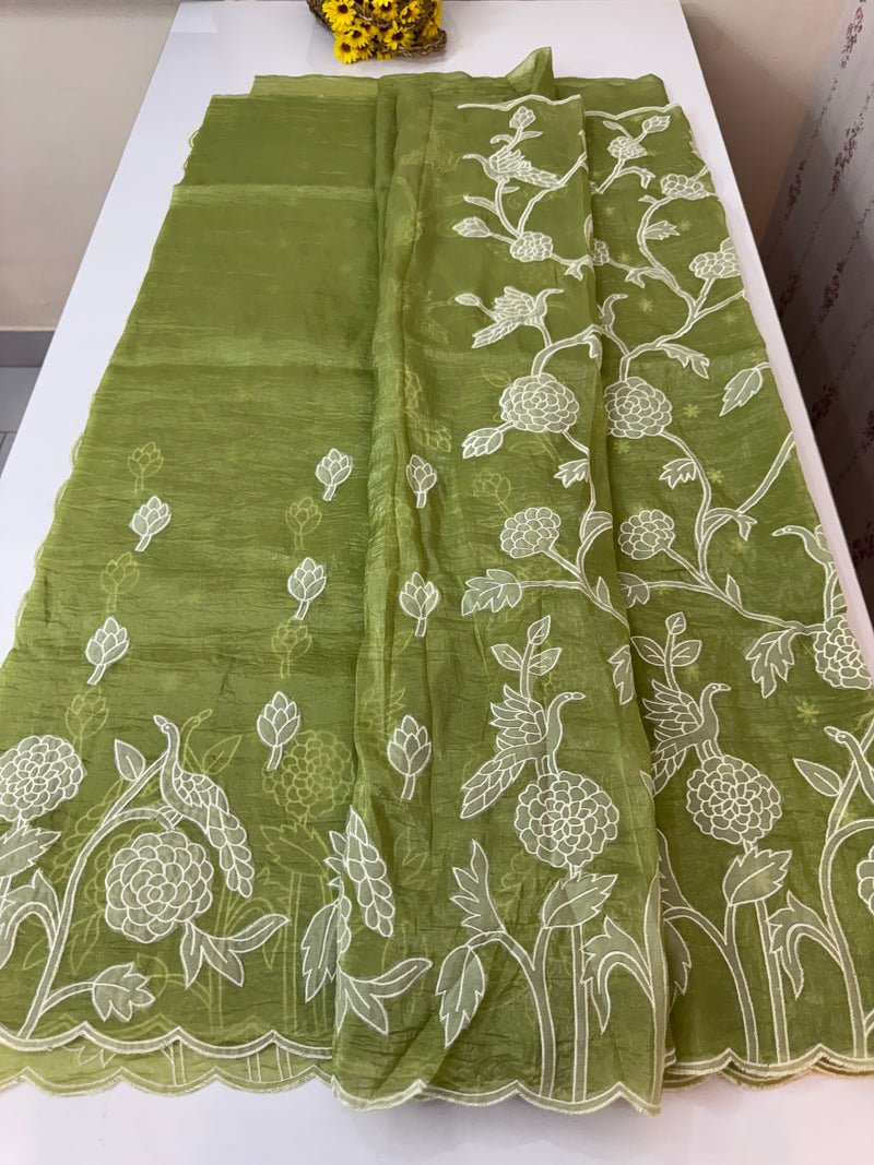 Crush Organza Applique work saree MS14987- Green(Design 3)