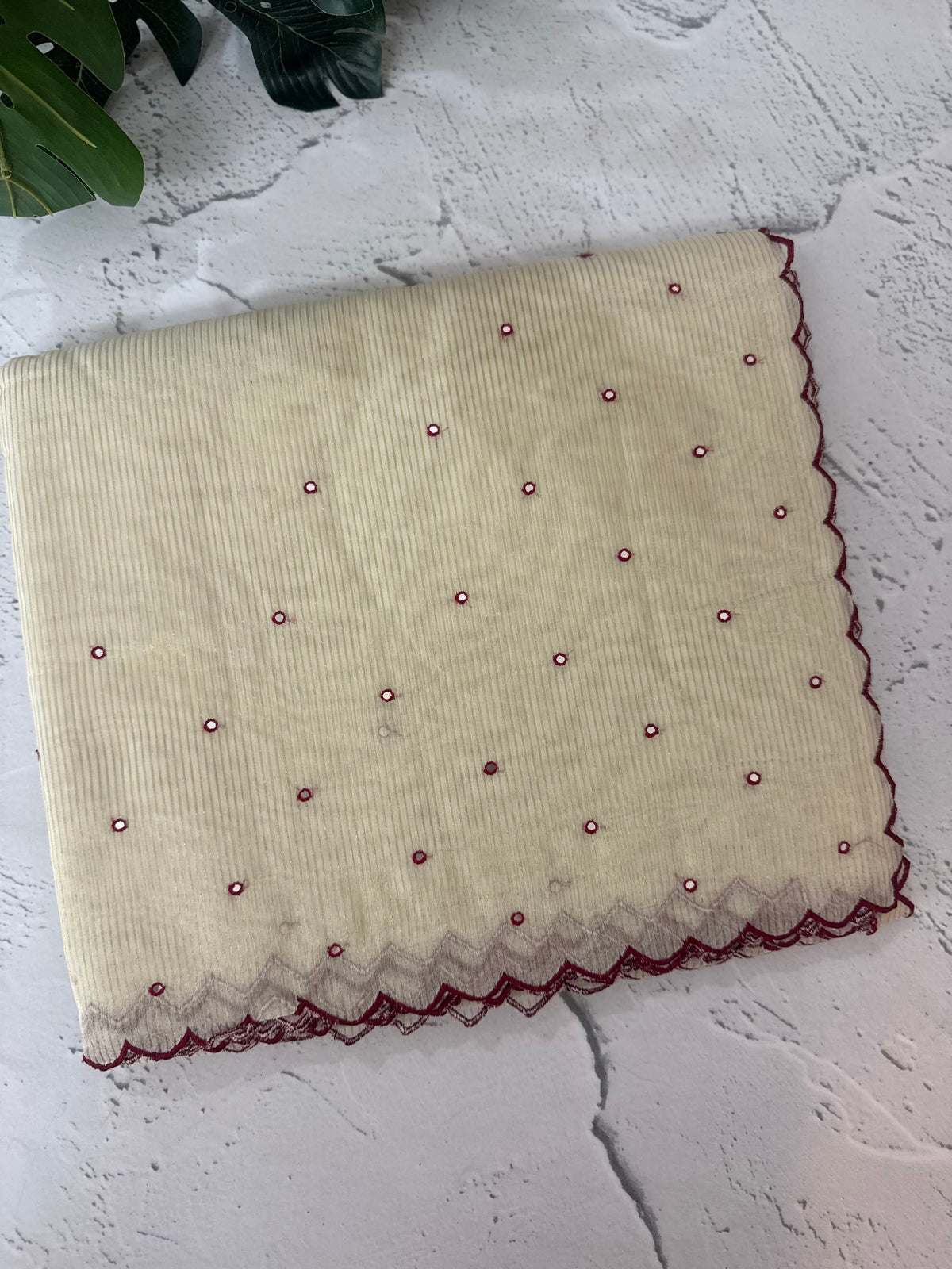 Mul Chanderi Tissue silk saree with foil work & scalloped borders - MNM249 Maroon