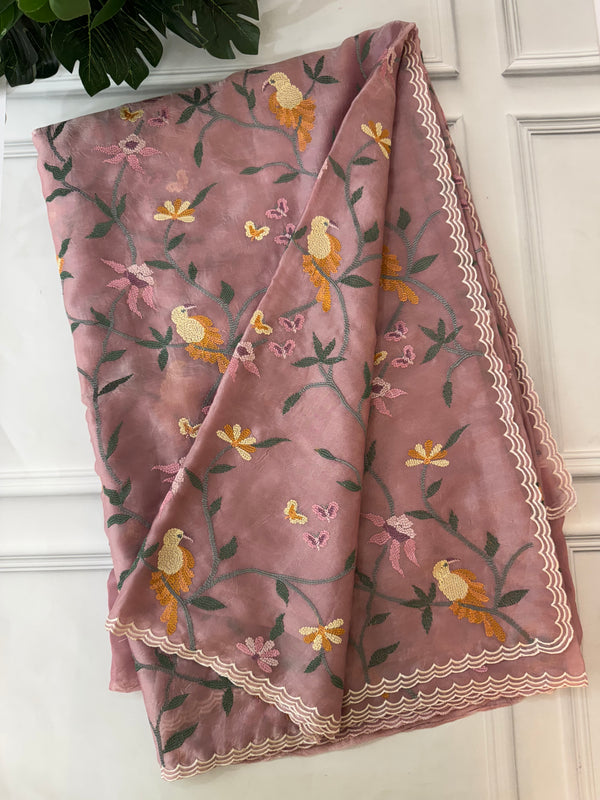 Designer Embroidery Organza Saree with Scalloped border FBLK165 DuskyPink