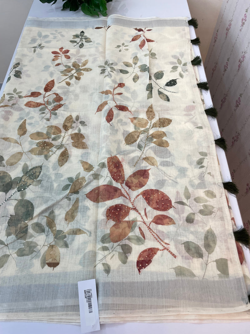 Handworked floral digital printed semi Linen Saree MLS611