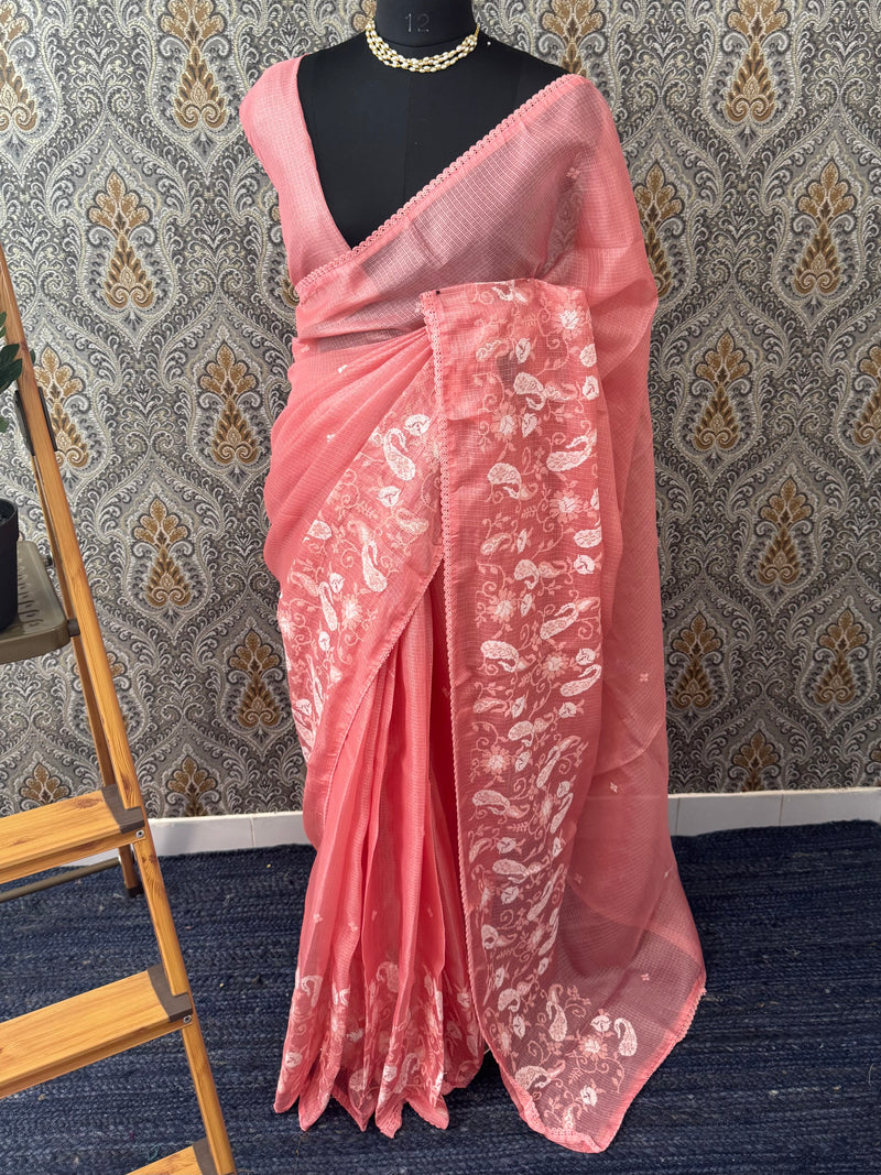 Soft kota checks saree with embroidery SVPIIY- Peach