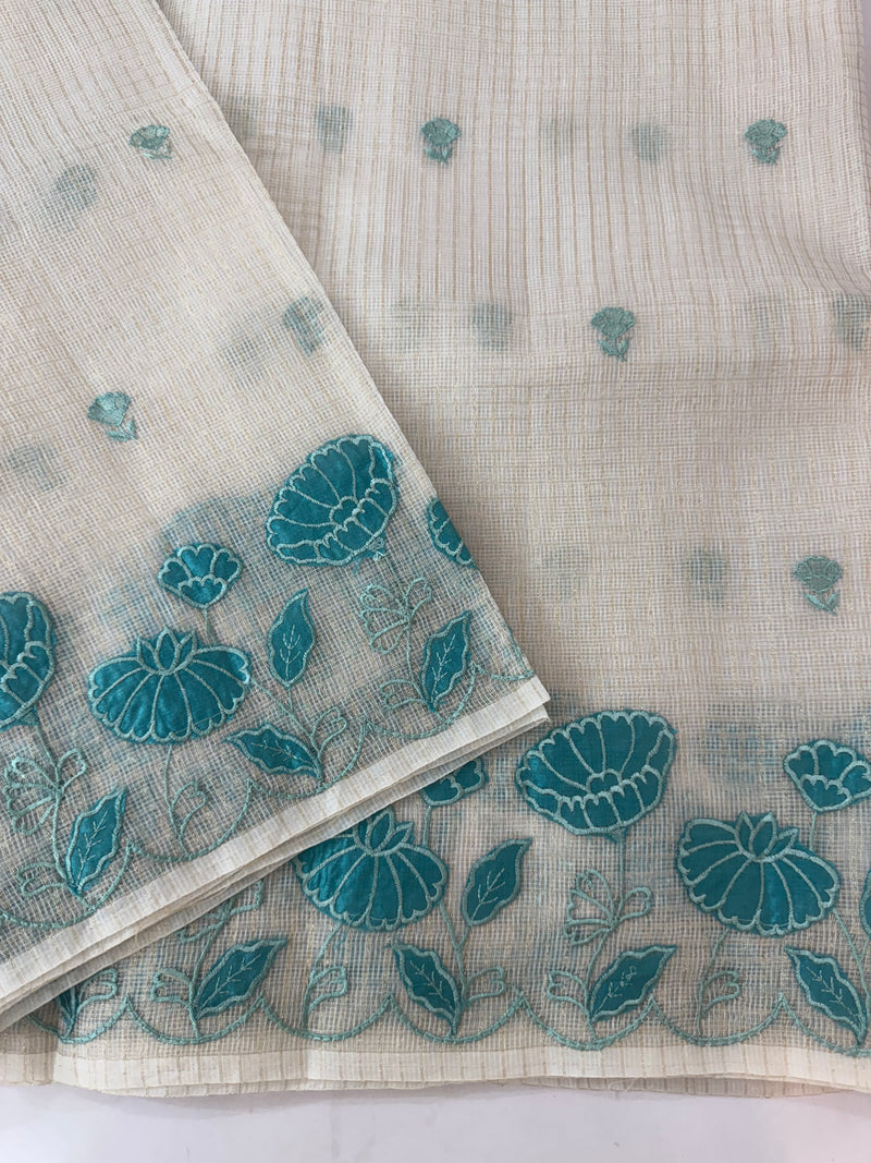 Tissue silk saree with zari checks and applique work  MSH105- Offwhite to Blue