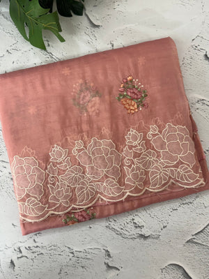 Soft crush Organza saree with embroidery and applique work MS14764 Peach