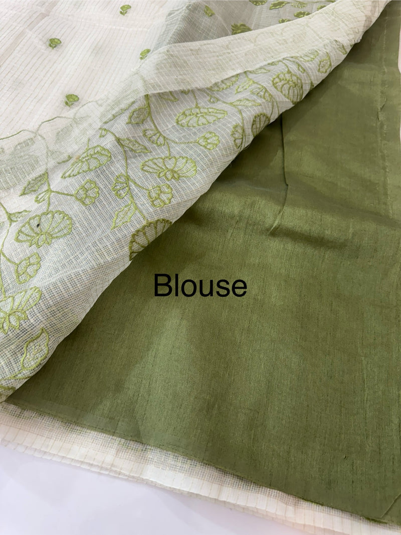 Tissue silk saree with zari checks and applique work  MSH105- Offwhite to Green