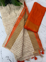 Linen checks saree with zari border MLS9766- Cream & Orange