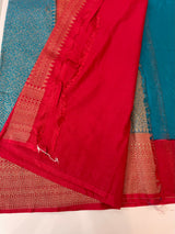Banarasi semi katan saree with contrast border MS6665- TealBlue to Red