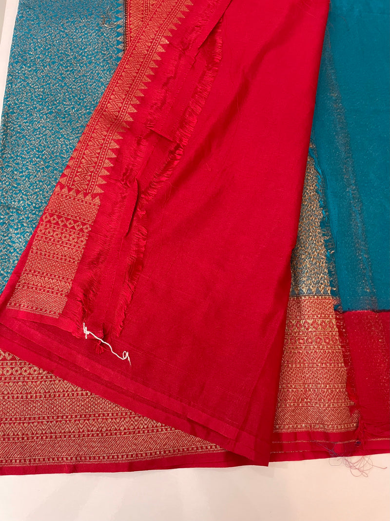 Banarasi semi katan saree with contrast border MS6665- TealBlue to Red