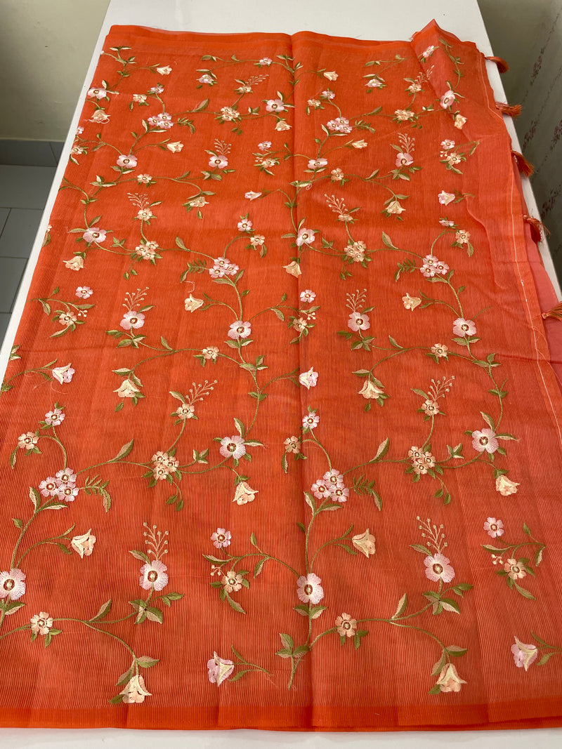 Kota Supernet embriodery saree SHSNYNM -Orange