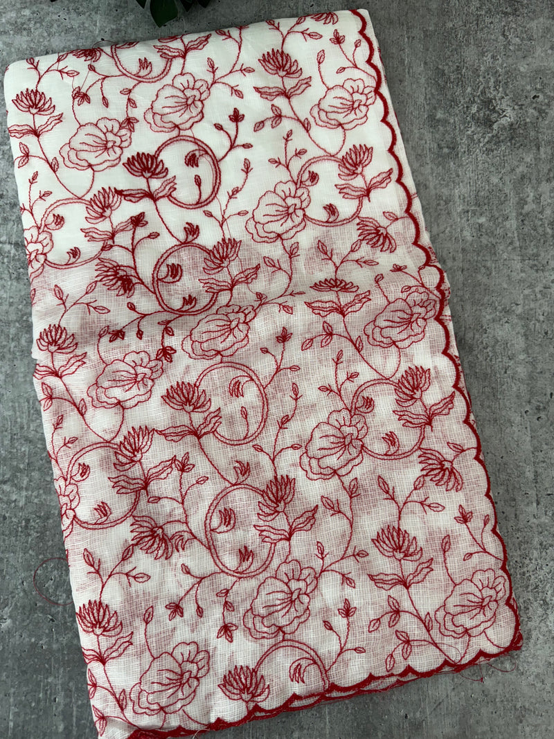 Soft kota checks saree with embroidery - SVWISS white & red