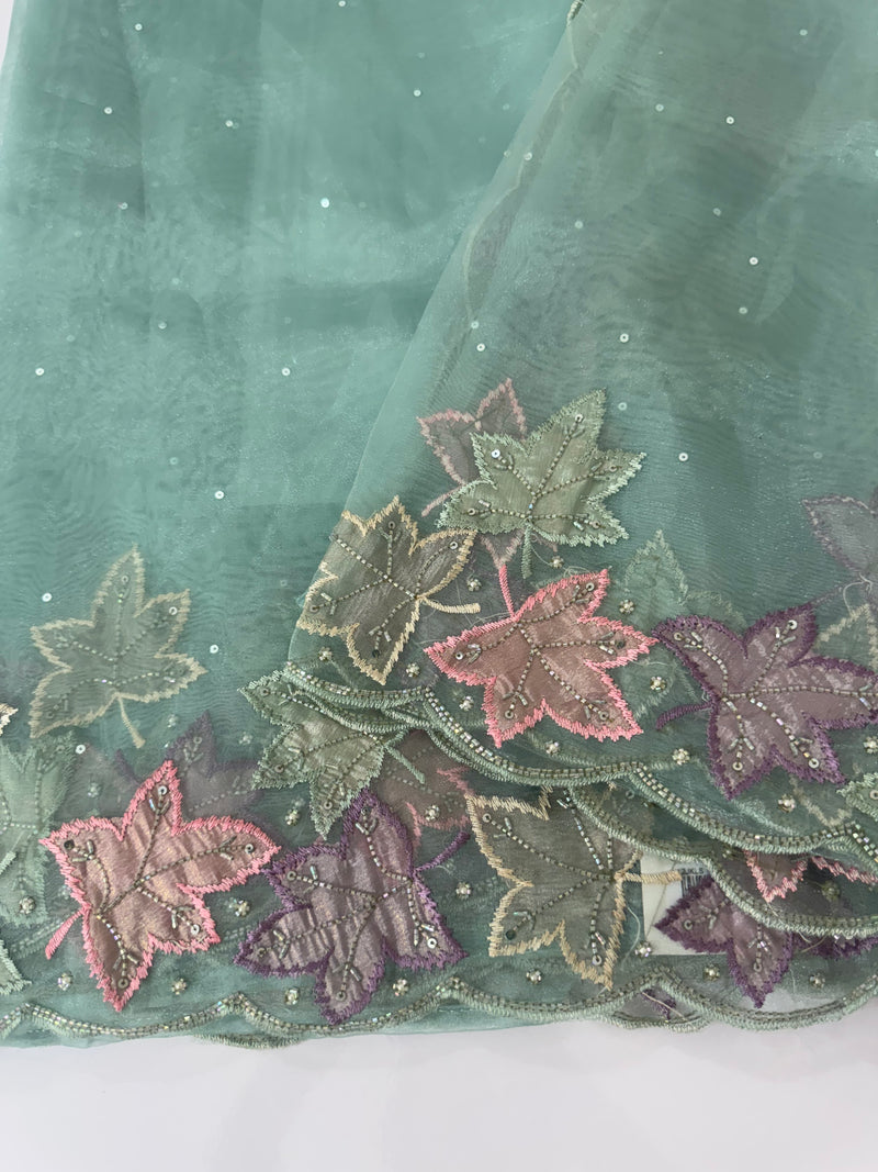 Handworked glass organza saree with applique work- MSHW227- BlueGreen