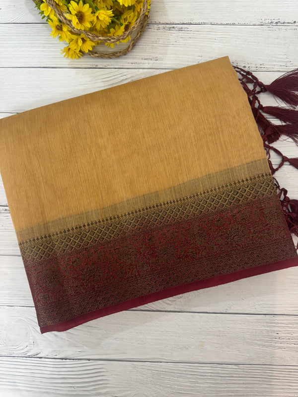 Jute silk sarees with contrast pallu & blouse MJL396 - DarkBeige to MaroonRed