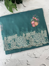 Soft crush Organza saree with embroidery and applique work MS14764 Teal