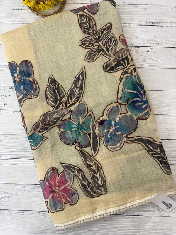 Tissue linen saree with applique work MLS5478