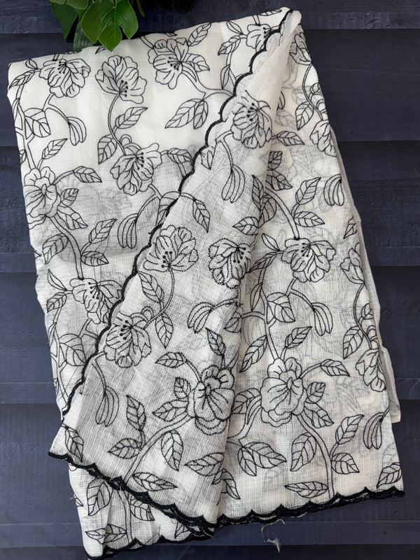 Soft kota checks saree with embroidery - SVWISS white & black