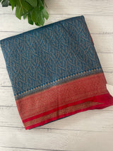 Banarasi semi katan saree with contrast border SHKNTNM- OceanaBlue to Red