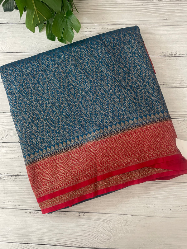 Banarasi semi katan saree with contrast border SHKNTNM- OceanaBlue to Red