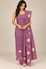 Unstitched Malai chanderi suit set with applique work- MK157 Purple