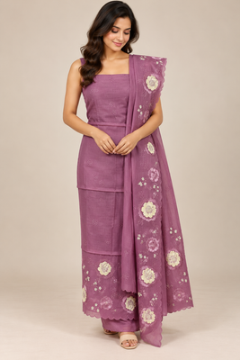 Unstitched Malai chanderi suit set with applique work- MK157 Purple