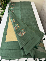 Crushed Blended tussar silk saree with embroidery- SNFCYEY JADE GREEN