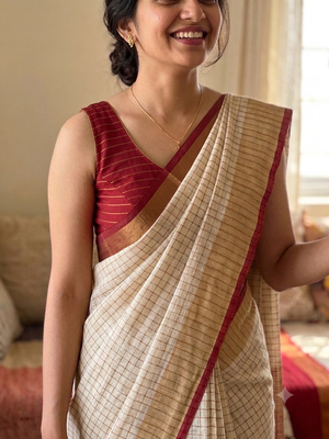 Linen checks saree with zari border MLS9766- Cream & Red