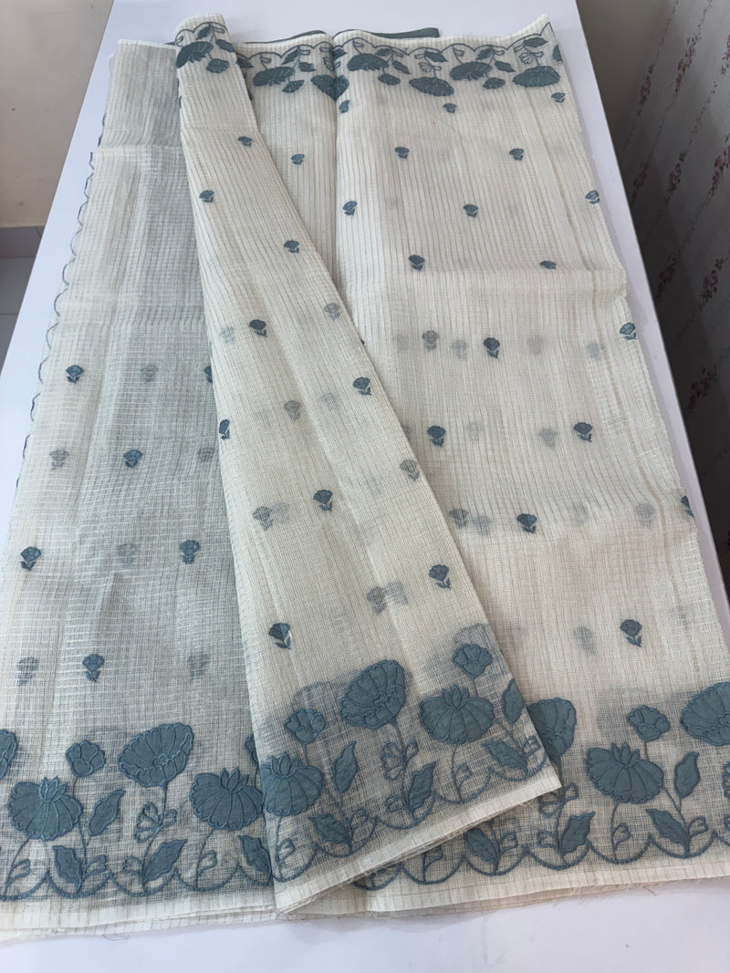 Tissue silk saree with zari checks and applique work  MSH105- Offwhite to Grey