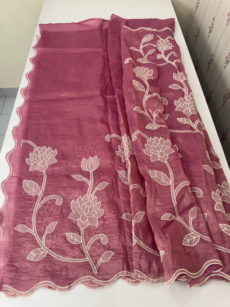Crush Organza Applique work saree MS14987- OnionPink