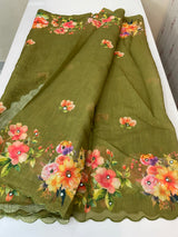 Digital printed semi Linen Saree MLS711- OliveGreen