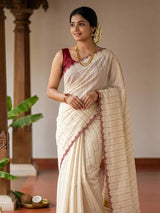 Mul chanderi cotton saree with scalloped borders - MNM131 Maroon