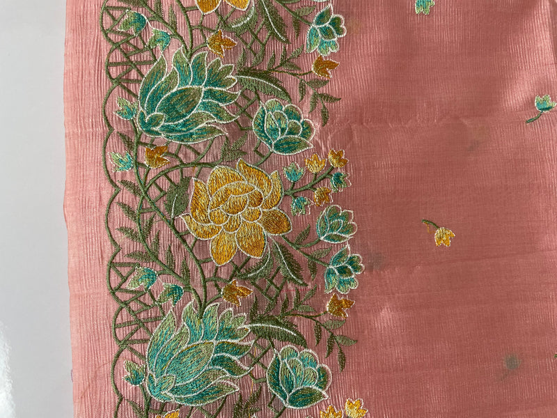 Crushed semi tussar silk saree with embroidery- SNFCYEY32 Peachypink