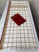 Linen big checks saree with zari border MLS9767- Cream & MaroonRed