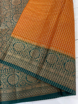 Semi silk saree with checks zari weaving MS81543- RustOrange to Green