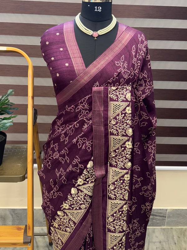 Blended Bandhani tussar silk saree with cutwork MTBF314 Purple