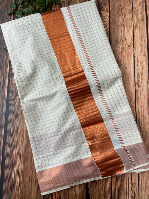 READY TO WEAR - Kerala cotton saree - rose gold checks