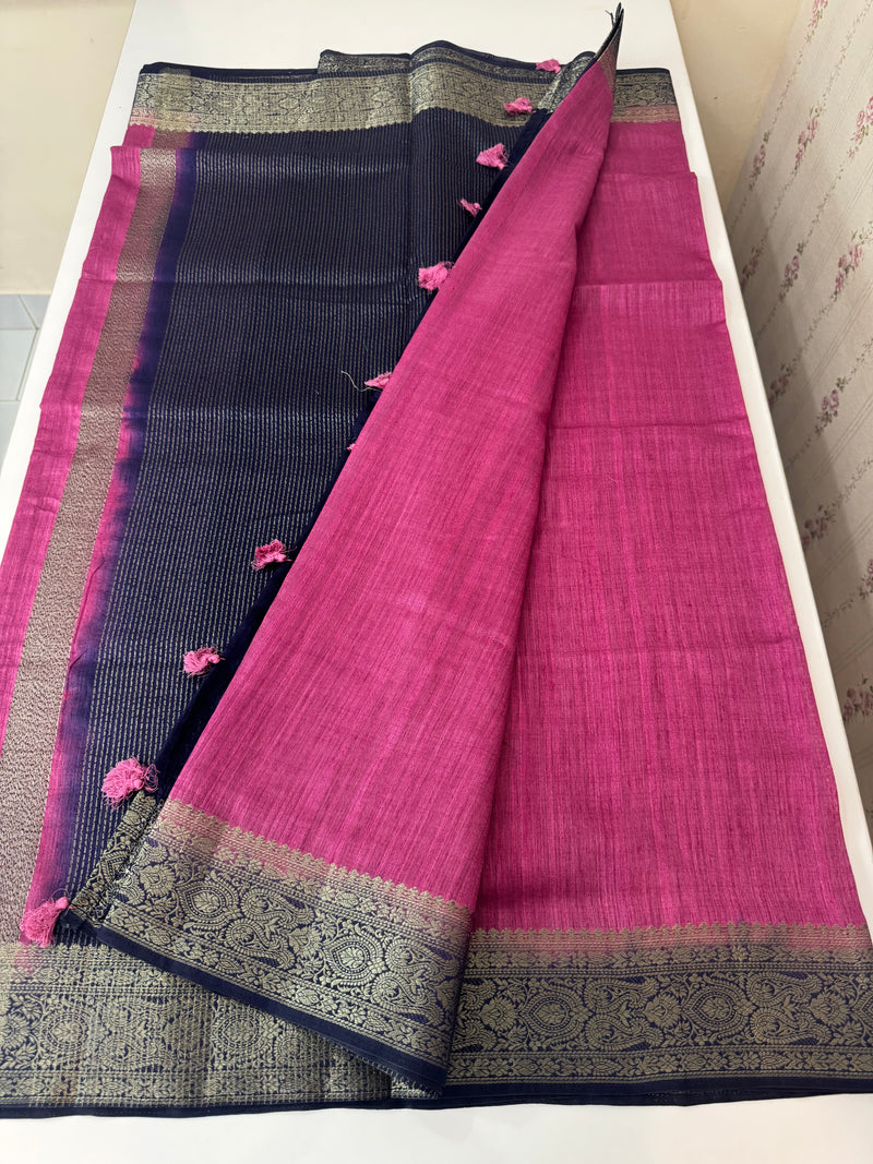 Blended tussar silk sarees with contrast pallu & blouse MTL430