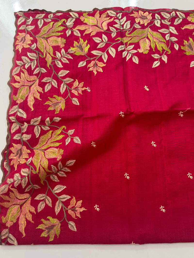 Crushed Blended tussar silk saree with embroidery- SNFCYEY- DarkPink