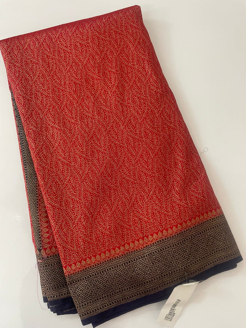 Banarasi semi katan saree with contrast border SHKNTNM - Red to DarkBlue
