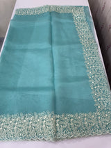 Glass organza saree with embroidery borders- MCW161 AquaBlue