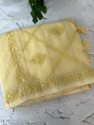 Premium Kota checks saree with Chikankari work  MSH241 PastelYellow