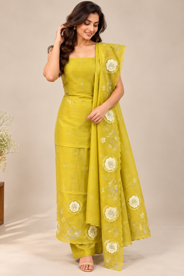 Unstitched Malai chanderi suit set with applique work- MK157 GreenyMustard