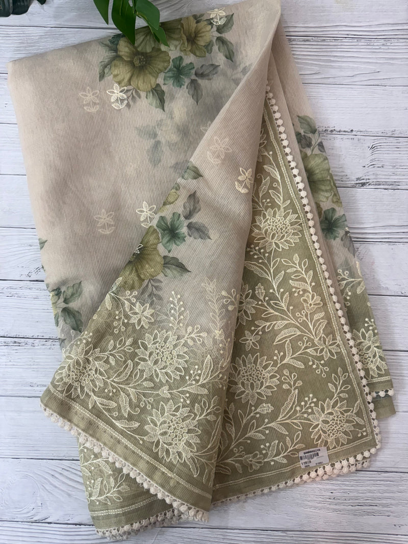 Digital printed Tissue silk saree with Chikankari embroidery MS88786
