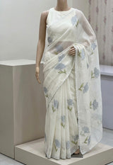 Moonga checks saree with applique work MS81789 - White to Grey