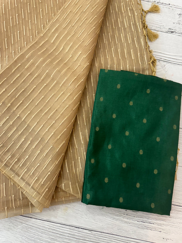 Semi organza thread work saree with soft silk blouse MOS9543 - Beige to Green