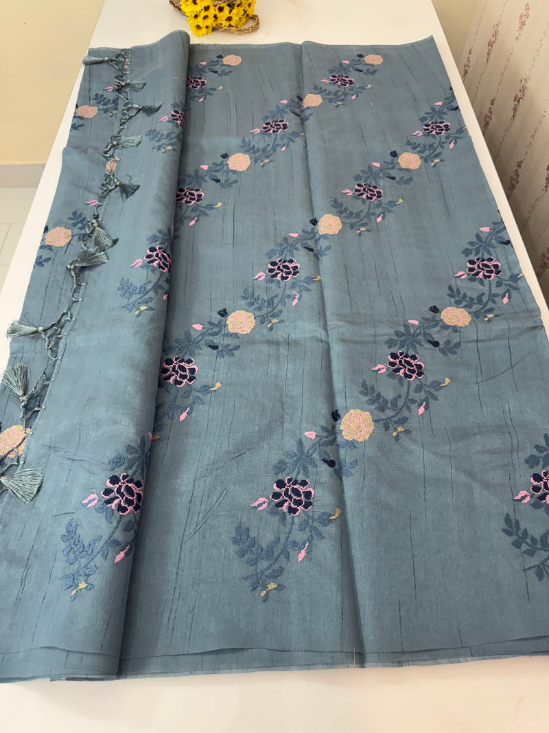 Blended Matka Tussar silk saree with cross stitch embroidery MS4899 - Greyish Blue