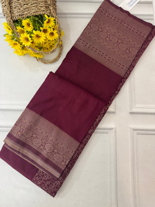 Crepe chiffon saree with brocade blouse - MS1134 Redwine