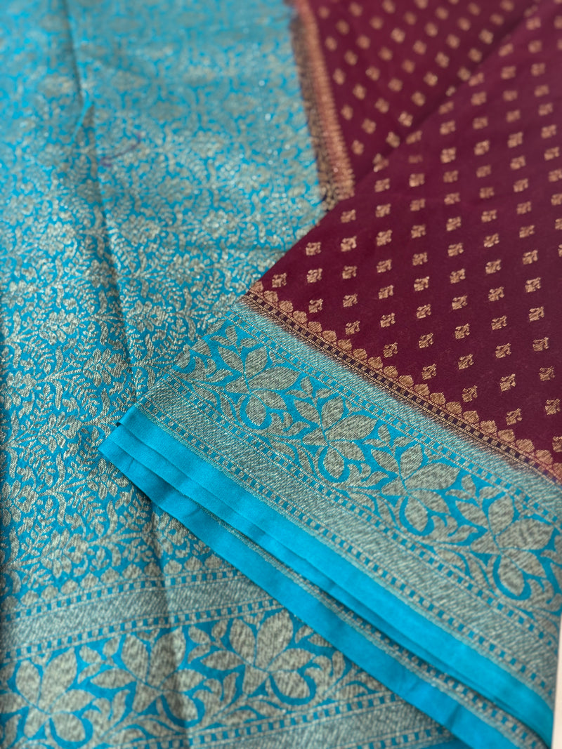 Banarasi viscose Georgette saree MKGS611- Wine to CobaltBlue